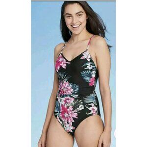 Kona Sol Womens High Coverage One-Piece Swimsuit Tropical Floral Print XS Beach